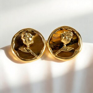 Vintage Gold Rose Tiger Eye Stud Earrings, Muted Fall Jewelry, S925 Silver Posts