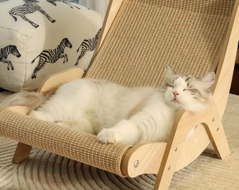 Modern Natural Wood Pet Lounge Chair, Sisal Scratching Pad, Minimalist Furniture