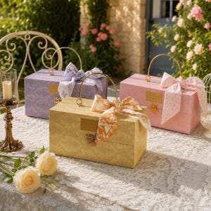 May include: Three rectangular storage boxes in lavender, yellow, and pink, each featuring a gold metal handle, a front latch, and a decorative patterned fabric ribbon tied around the handle. The boxes have a subtle damask-like texture on the surface.