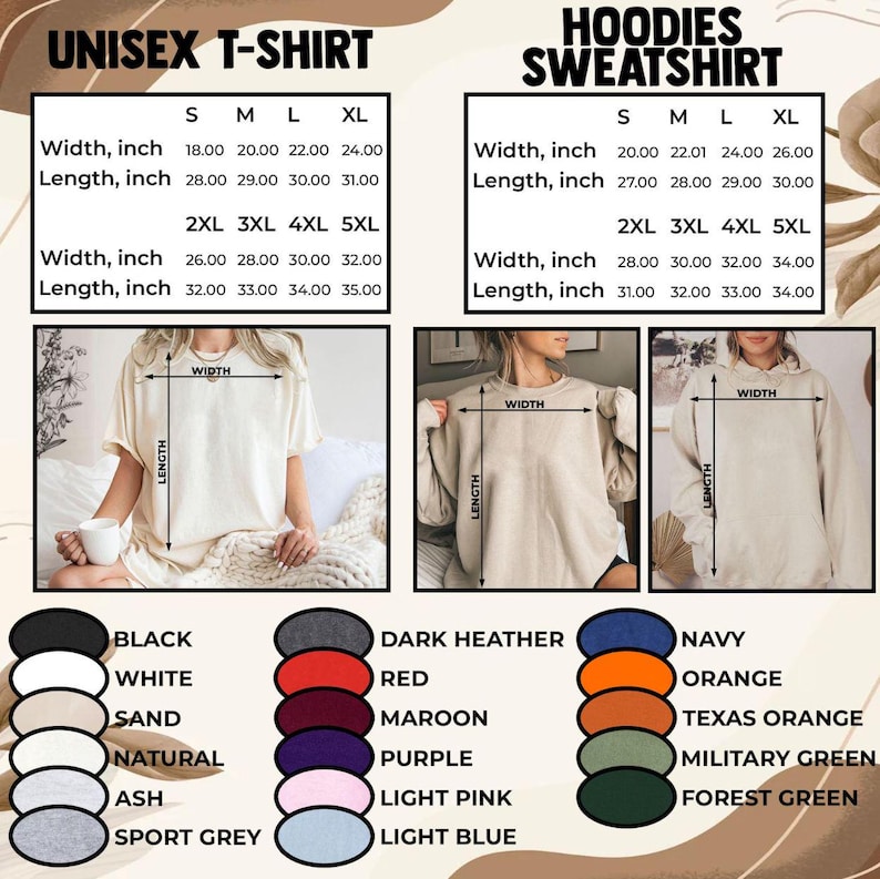 May include: Image showcasing a size chart for unisex t-shirts and hoodies/sweatshirts. The chart details width and length measurements in inches for sizes S to 5XL. Color options include black, white, sand, natural, ash, sport grey, dark heather, red, maroon, purple, light pink, light blue, navy, orange, Texas orange, military green, and forest green.