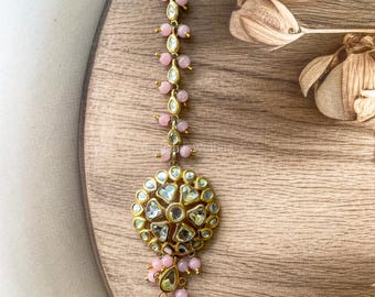 Pink Kundan Polki Maang Tikka Gold Bridal Forehead Jewelry Indian Wedding Headpiece Bollywood Style Tikka for Women