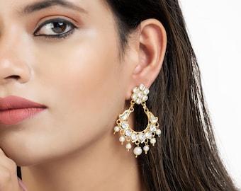Gold Plated Kundan Chandbali Jhumka Earrings, Bollywood Bridal Indian Wedding Jewelry