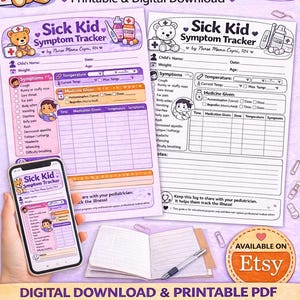 Può includere: Un "Tracker dei sintomi del bambino malato" stampabile e digitale con un'illustrazione di orsacchiotto. Il tracker include sezioni per sintomi, temperatura e farmaci, disponibile su Etsy.