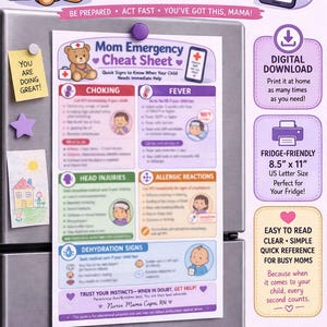 Könnte beinhalten: Ein kühlschrankfreundliches "Mom Emergency Cheat Sheet" mit Schnellreferenzinformationen für Eltern. Der druckbare Leitfaden im Format A4 enthält Abschnitte zu Erstickung, Fieber, Kopfverletzungen, allergischen Reaktionen und Dehydrierung. Mit Teddybär-Grafik und dem Text "Instant Download!"