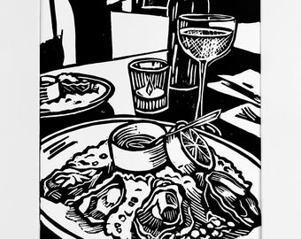 Oyster bar linocut print