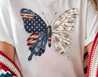 Comfort Colors Patriotic Butterfly Shirt, American Flag Floral Graphic Tee