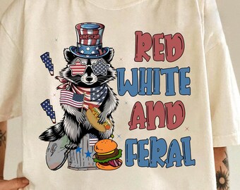 Red White Feral Raccoon Shirt, Patriotic 4th July Outfit, Retro Trash Panda Tee