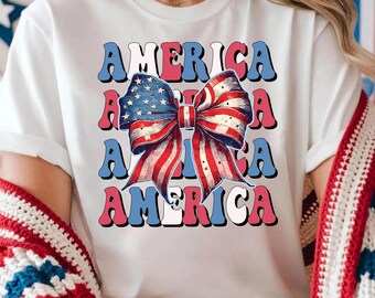Patriotic American Flag Bow Comfort Colors Shirt, Girly 4th of July Graphic Tee