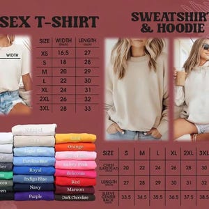 May include: Image featuring a unisex t-shirt and sweatshirt/hoodie. The t-shirt size chart shows widths from 16.5 inches to 28 inches and lengths from 27 inches to 33 inches. The sweatshirt/hoodie size chart is also included.