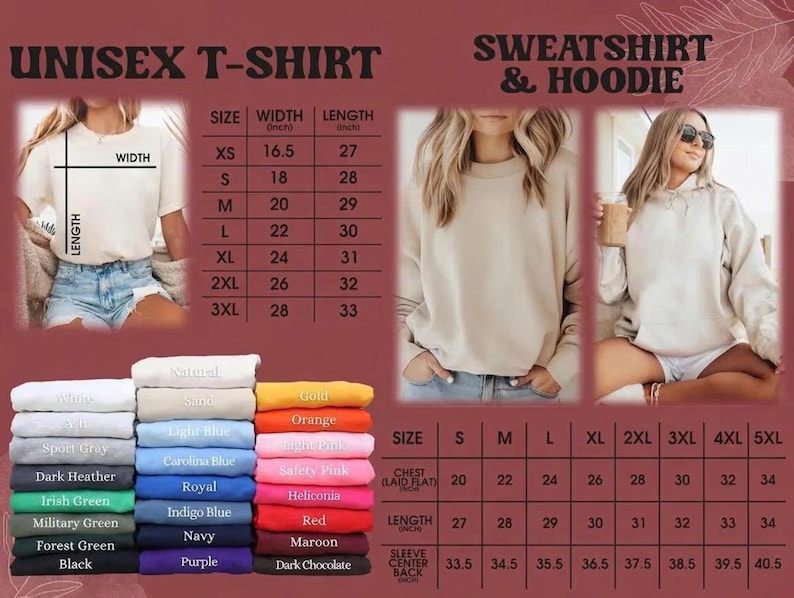 May include: Image featuring a unisex t-shirt and sweatshirt/hoodie. The t-shirt size chart shows widths from 16.5 inches to 28 inches and lengths from 27 inches to 33 inches. The sweatshirt/hoodie size chart is also included.