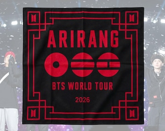 Arirang Bandana both sides printed Square Silk Scarf, Kpop world tour 2026 Borahae purple Fan Made Merch Concert