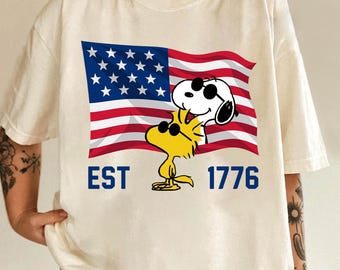 Comfort Colors Snoopy Woodstock USA Flag Shirt, Patriotic 250th Anniversary Tee