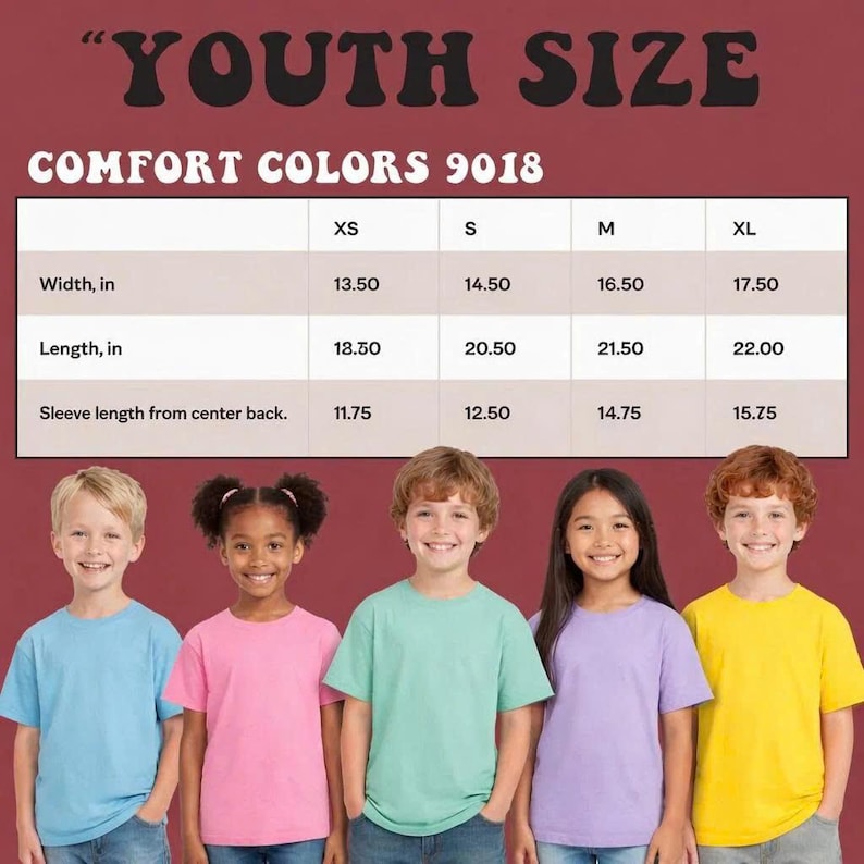 May include: Image of a size chart for youth t-shirts, with measurements in inches. The chart includes sizes XS to XL, with width, length, and sleeve length measurements. Five children are wearing t-shirts in various colors: blue, pink, green, purple, and yellow.