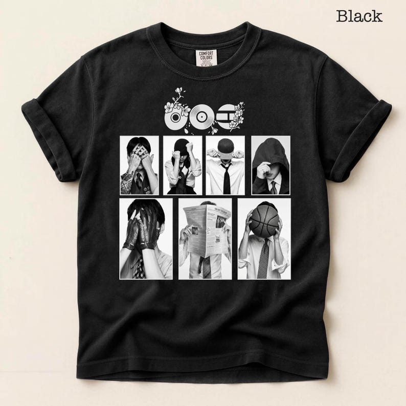 May include: Black t-shirt with a graphic design featuring a series of black and white images of people covering their faces. The word "Black" is printed at the top right.