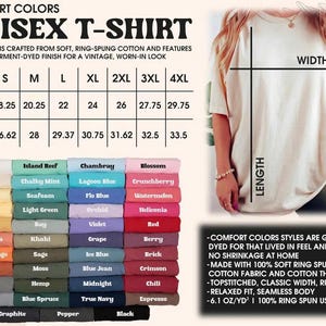 May include: A cream-colored unisex t-shirt with a size chart and color swatches. The chart lists sizes S-4XL with width and length measurements in inches. The color options include white, ivory, and black.