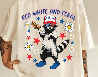Red White Feral Raccoon 4th of July T-Shirt, Patriotic USA Humor Tee