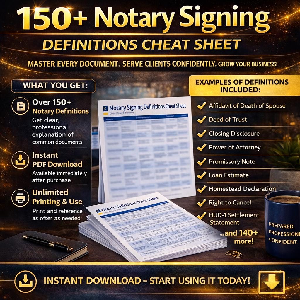 Notary Signing Definitions Cheat Sheet 150+ Terms | Loan Signing Agent Guide | Notary Training ...