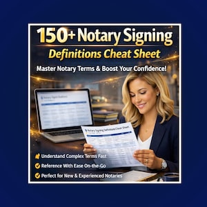 May include: A woman smiles while holding a "Notary Signing Definitions Cheat Sheet." The sheet is white with black text. The image also includes a laptop and text that reads "Master Notary Terms & Boost Your Confidence!"