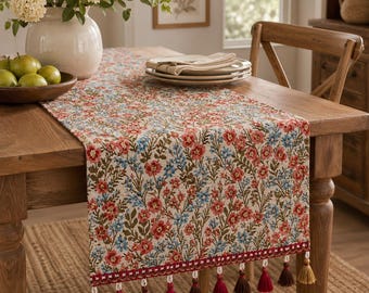 French Country Floral Table Runner with Tassels, Cottagecore Table Decor, Boho Embroidered Style Runner for Dining Room, Wedding Gift