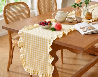 Gingham Table Runner with Ruffled Edge, Cottagecore Checkered Table Decor, Farmhouse Style Tablecloth for Dining Room, Shabby Chic Tea Party