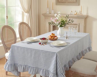 French Striped Ruffled Tablecloth, Table Cloth with Ruffle Trim, Blue & Pink Farmhouse Table Cover for Dining Room, Kitchen, Party Decor