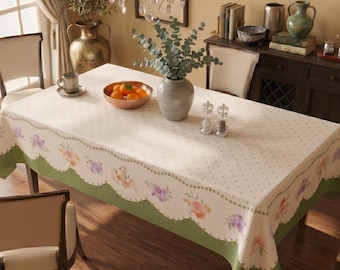 French Country Floral Tablecloth with Scalloped Edges, Elegant Shabby Chic Table Cover for Dining Room, Kitchen & Farmhouse Decor