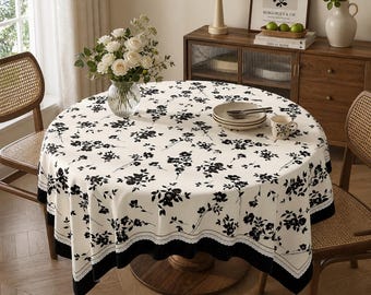 French Country Tablecloth Black Floral Table Cover, Shabby Chic Vintage Rose Tablecloth, Elegant Dining Room Home Decor