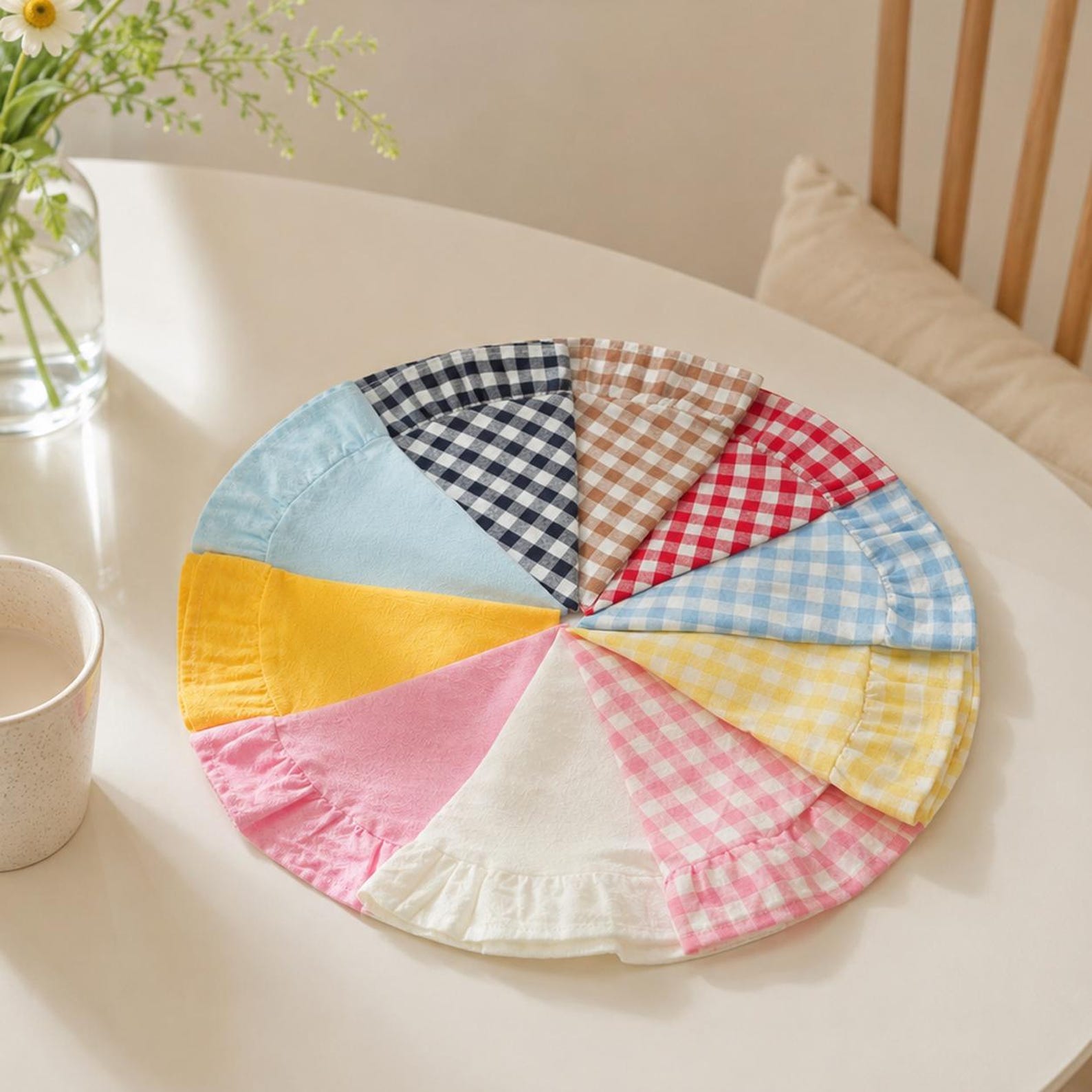 Gingham Ruffle Placemats, Shabby Chic Table Mats, Cottagecore Kitchen Decor, French Country Dining Linens, Picnic Party Tableware - Brown Grid, 11.8*17.7in