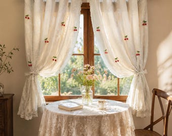 Lace Curtains with Cherry Floral Bow, Cottagecore Window Drapes for Kitchen Bedroom, Shabby Chic French Country Home Decor