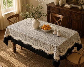 Modern Farmhouse Black and White Tablecloth, French Country Table Cloth, Boho Textured Dining Decor, Rectangular Table Cover