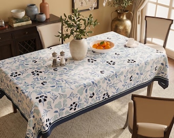 French Country Floral Tablecloth,Blue and White Table Cover,Farmhouse Dining Room Decor,Rectangular Kitchen Table Cloth