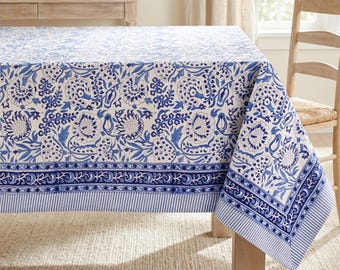 French Country Blue and White Floral Tablecloth, Farmhouse Kitchen Decor, Shabby Chic Dining Table Cloth,Kitchen Decor, Housewarming Gift