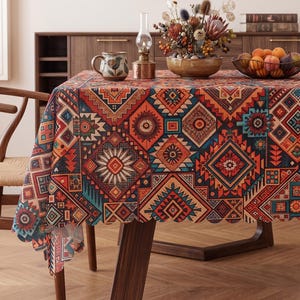 Könnte beinhalten: Rechteckige Tischdecke mit einem lebendigen geometrischen Muster in Orange, Rot, Blau und Türkis. Die Tischdecke hat einen gewellten Rand und bedeckt einen Holztisch. Das Design zeigt verschiedene Formen und Muster.