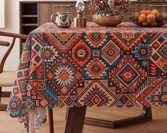 Moroccan Mosaic Tablecloth,Southwestern Geometric Table Cover,Moroccan Style Table Decor,Ethnic Tribal Print Dining Room Decor,Tribal Dining