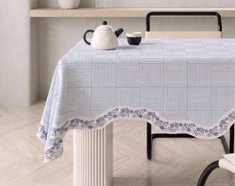 French Country Plaid Tablecloth, Waterproof Stain Resistant Table Cover with Lace Edge, Shabby Chic Cottagecore Kitchen Decor