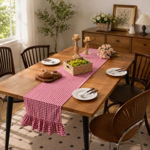 French Country Gingham Table Runner with Ruffles, Pink Checkered Cotton Table Linen, Cottagecore Kitchen Decor, Rustic Farmhouse Dining