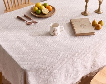 French Vintage Tablecloth with Tassels, Shabby Chic Lace Table Cover, Boho Rectangle Table Cloth,for Farmhouse Kitchen, Dining Decor