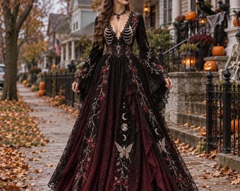 Gothic Witch Maxi Dress, Black Burgundy Ribcage Embroidery Gown, Bell Sleeve Celestial Halloween Costume, Dark Romantic Fantasy Dress