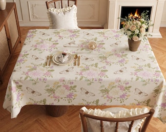 French Country Floral Tablecloth with Butterfly, Cottagecore Rose Table Cover, Shabby Chic Table Decor, Floral Dining Room