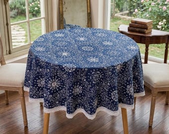 French Country Blue Floral Round Tablecloth with Lace Trim, Farmhouse Table Cover for Dining Room, Shabby Chic Home Decoration