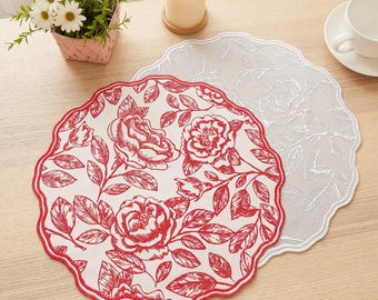 French Country Rose Placemat, Red Floral Lace Table Mat for Wedding Decor,Elegant Scalloped Coaster,Victorian Shabby Chic, housewarming gift