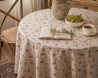 French Country Floral Tablecloth, Shabby Chic Rose Cotton Linen Table Cover, Vintage Farmhouse Kitchen Decor, Rustic Cottagecore Gift