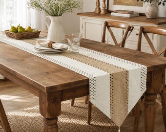 Personalized Boho Table Runner with Tassels, Farmhouse Cotton Linen Table Decor, Custom Colors Table Runner for Wedding Party