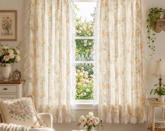French Country Floral Curtains, Fresh Lemon Pattern Sheer Drapes for Kitchen & Living Room, Cottagecore Window Treatment, Shabby Chic Decor