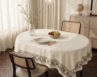 Boho Tablecloth with Geometric, Cream Table Cover for Farmhouse Dining, Elegant Wedding Gift, Neutral Home Decor