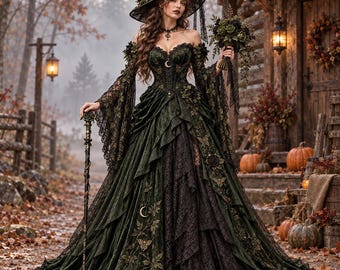 Emerald Green Gothic Witch Dress, Victorian Corset Gown, Floral Embroidered Maxi Dress, Halloween Costume, Dark Fantasy Gown with Floral Hat