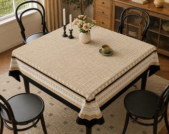 Boho Farmhouse Tablecloth with Black Border, Rustic Textured Table Cover for Rectangular & Square Table, Elegant Home Decor