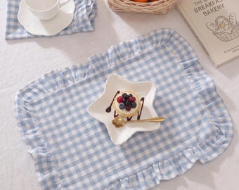Gingham Ruffle Placemats, Shabby Chic Table Mats, Cottagecore Kitchen Decor, French Country Dining Linens, Picnic Party Tableware