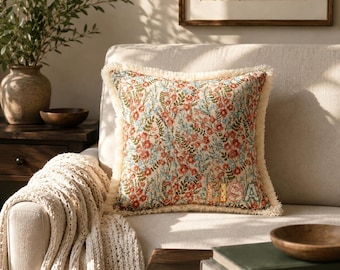 Custom Embroidered Pillow Cover with Fringe, Floral Monogram Throw Pillow, French Country Aesthetic Decor, Personalized Gift for Her