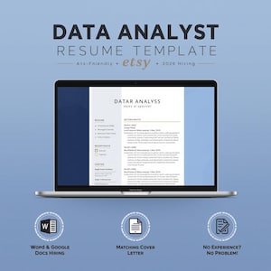 Może przedstawiać: Laptop wyświetla szablon CV dla analityka danych. Ekran pokazuje układ CV z sekcjami na szczegóły CV, certyfikaty i kontakty. Tekst "DATA ANALYST RESUME TEMPLATE" znajduje się na górze. Ikony pod laptopem wskazują kompatybilność z Word i Google Docs.